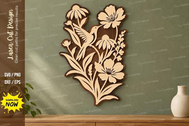Wildflower Hummingbird Wall Art Laser Cut SVG PNG Design example image 1