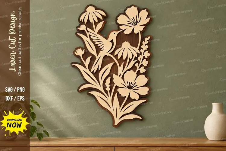 Wildflower Hummingbird Wall Art Laser Cut SVG PNG Design
