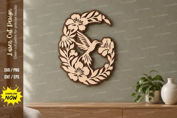 Crescent Hummingbird Floral Wall Art Laser Cut SVG PNG Desig