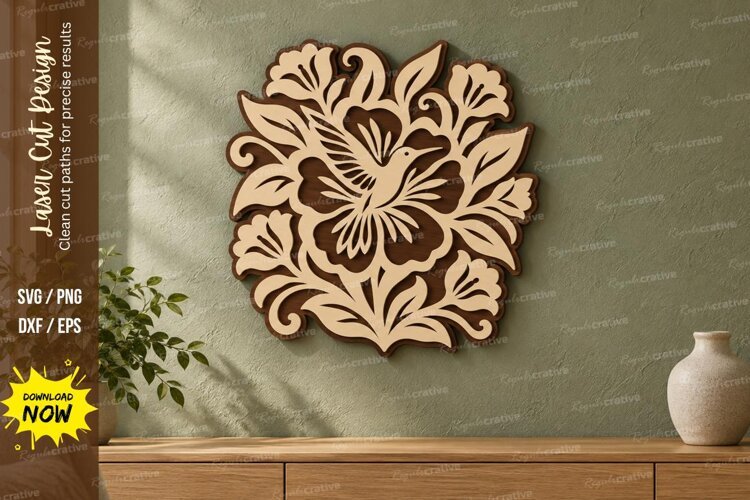 Floral Hummingbird Garden Wall Art Laser Cut SVG PNG Design, example image 1