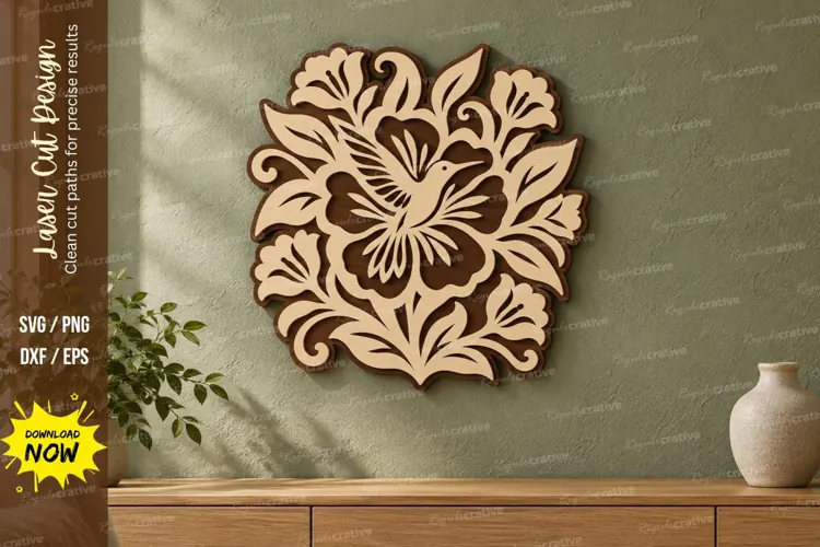 Floral Hummingbird Garden Wall Art Laser Cut SVG PNG Design,