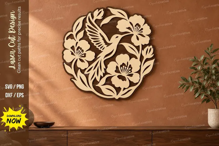 Oval Hummingbird Floral Wall Art Laser Cut SVG PNG Design,