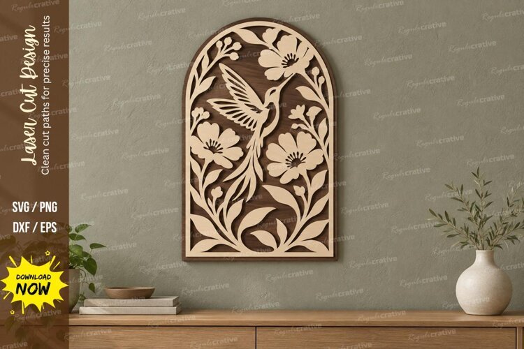 Arched Hummingbird Floral Wall Art Laser Cut SVG PNG Design, example image 1