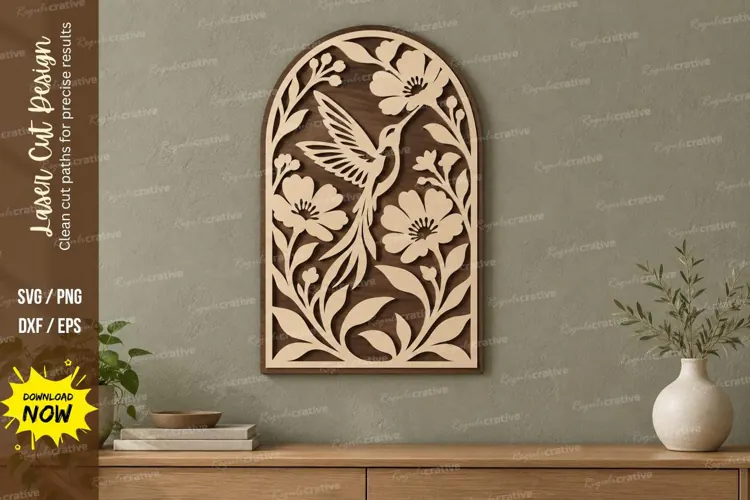 Arched Hummingbird Floral Wall Art Laser Cut SVG PNG Design,