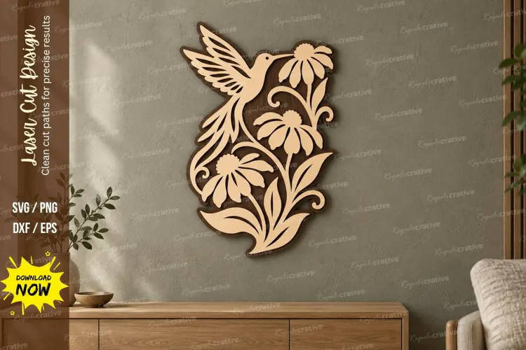 Hummingbird Wildflower Wall Art Laser Cut SVG PNG Design