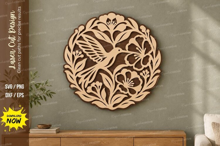 Round Hummingbird Floral Wall Art Laser Cut SVG PNG Design example image 1