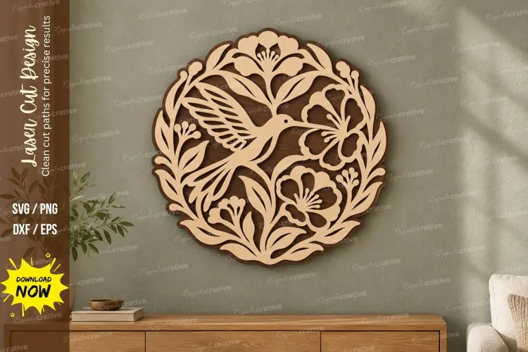 Round Hummingbird Floral Wall Art Laser Cut SVG PNG Design