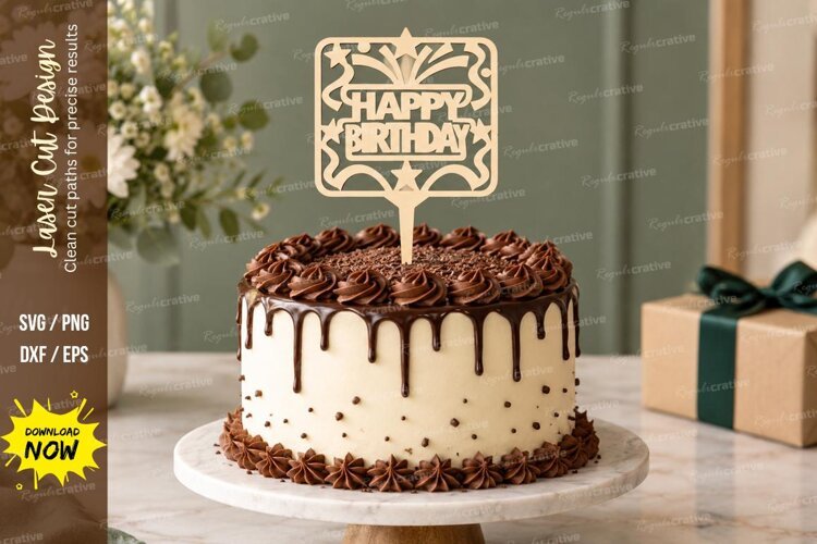 Happy Birthday Square Cake Topper Laser Cut SVG PNG Design example image 1