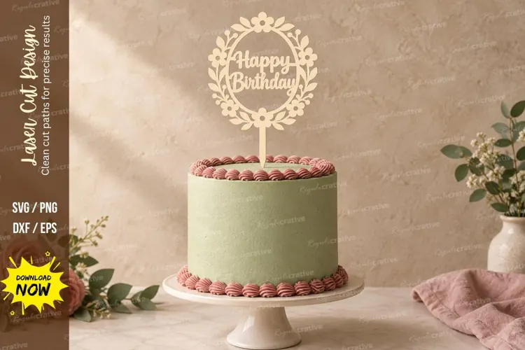 Floral Happy Birthday Cake Topper Laser Cut SVG PNG Design