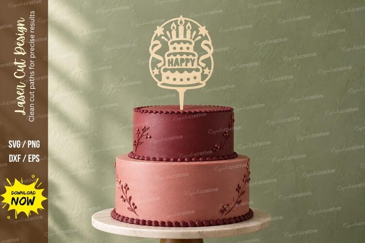Oval Happy Birthday Cake Topper Laser Cut SVG PNG Design, ov example image 1