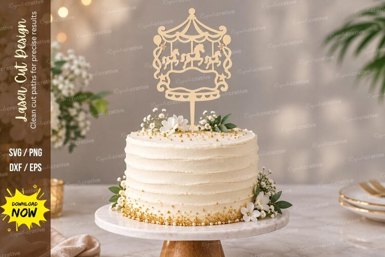 Carousel Happy Birthday Cake Topper Laser Cut SVG PNG Design example image 1
