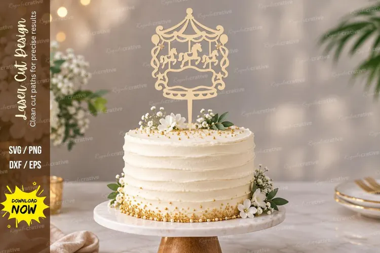 Carousel Happy Birthday Cake Topper Laser Cut SVG PNG Design