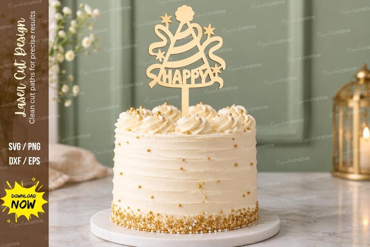Party Hat Happy Birthday Cake Topper Laser Cut SVG PNG Desig example image 1