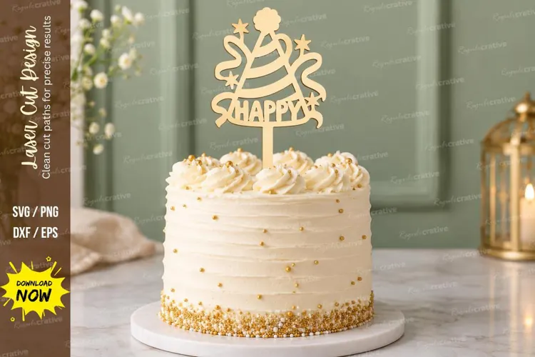 Party Hat Happy Birthday Cake Topper Laser Cut SVG PNG Desig