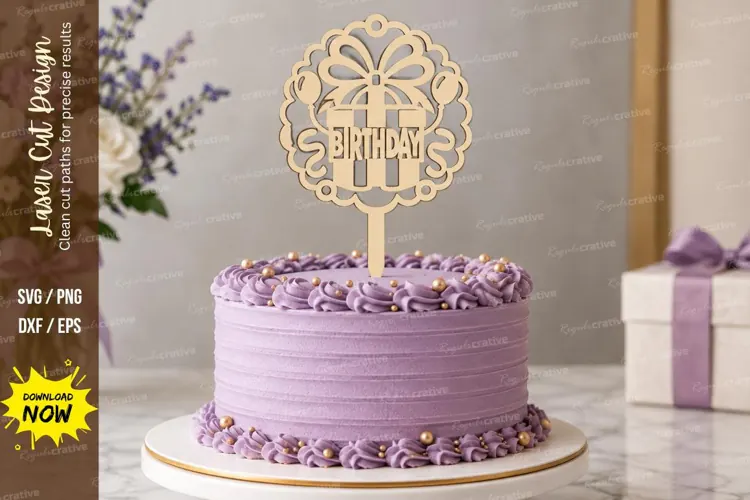 Gift Box Birthday Cake Topper Laser Cut SVG PNG Design, gift