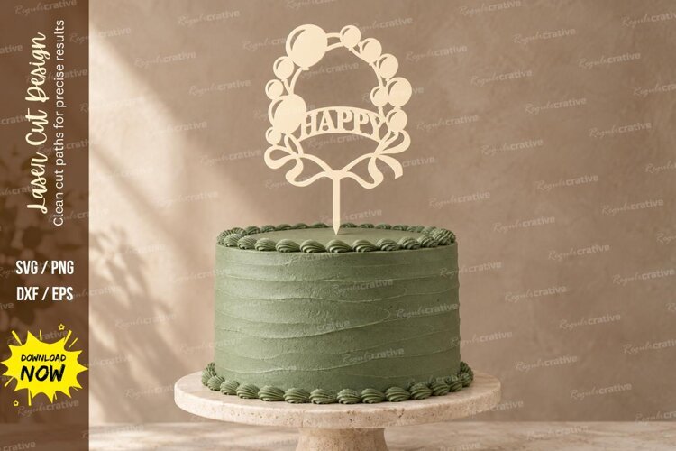 Balloon Happy Birthday Cake Topper Laser Cut SVG PNG Design, example image 1