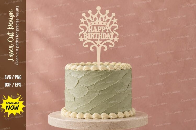 Ornate Happy Birthday Cake Topper Laser Cut SVG PNG Design, example image 1