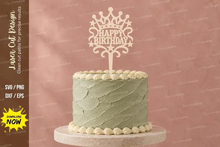 Ornate Happy Birthday Cake Topper Laser Cut SVG PNG Design,