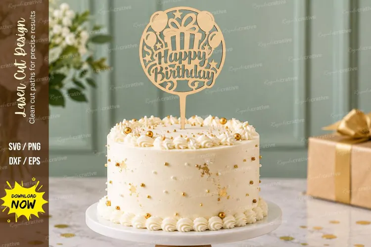 Round Happy Birthday Cake Topper Laser Cut SVG PNG Design