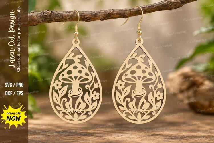 Floral Teardrop Mushroom Earrings Laser Cut SVG PNG Design, example image 1