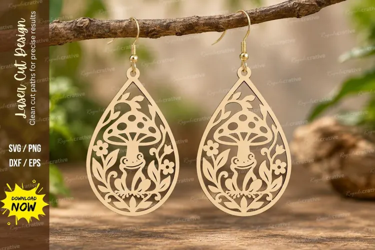 Floral Teardrop Mushroom Earrings Laser Cut SVG PNG Design,