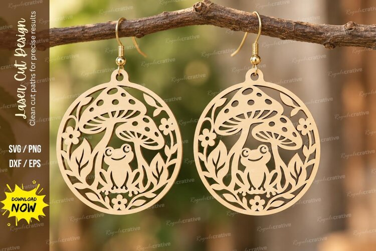 Round Mushroom Forest Earrings Laser Cut SVG PNG Design, example image 1