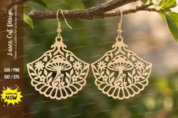 Ornate Fan Mushroom Earrings Laser Cut SVG PNG Design, fan