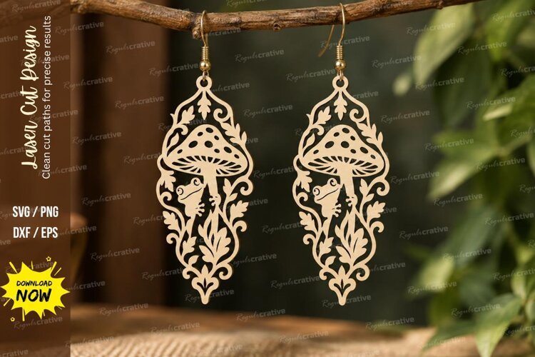 Ornate Mushroom Drop Earrings Laser Cut SVG PNG Design, orna example image 1