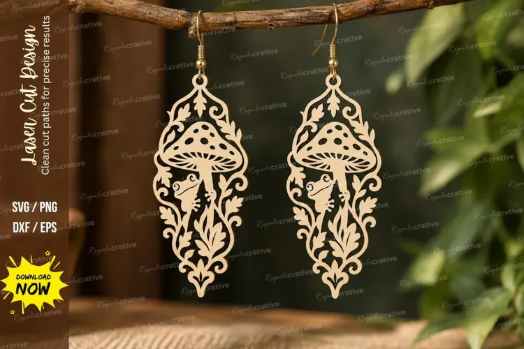 Ornate Mushroom Drop Earrings Laser Cut SVG PNG Design, orna