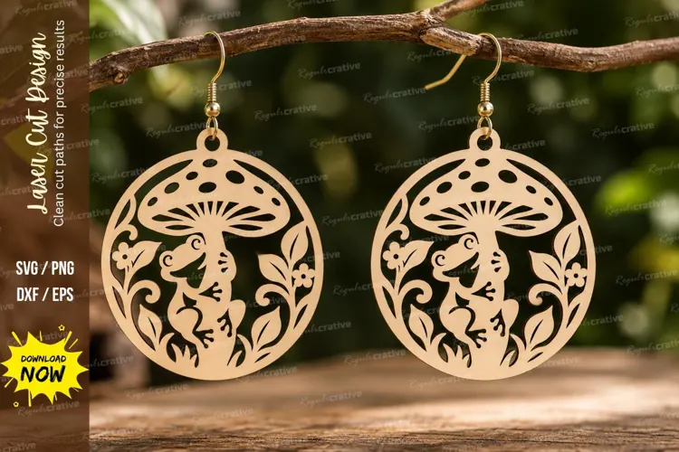 Round Botanical Mushroom Earrings Laser Cut SVG PNG Design,
