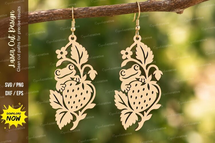 Frog Strawberry Vine Earrings Laser Cut SVG PNG Design, frog example image 1