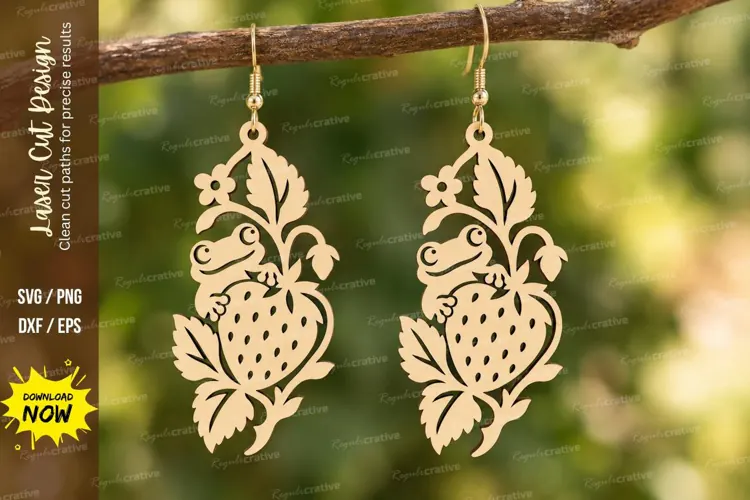 Frog Strawberry Vine Earrings Laser Cut SVG PNG Design, frog