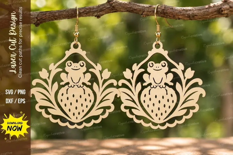 Frog Strawberry Floral Earrings Laser Cut SVG PNG Design