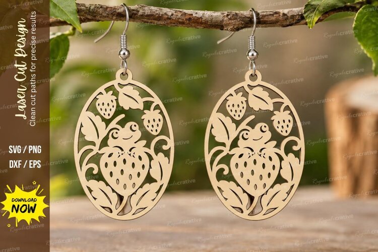 Oval Strawberry Garden Earrings Laser Cut SVG PNG Design example image 1