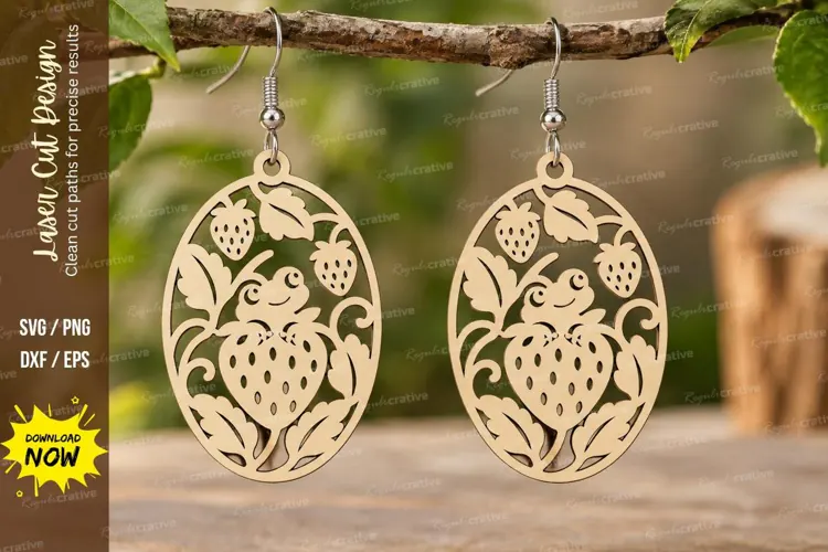 Oval Strawberry Garden Earrings Laser Cut SVG PNG Design