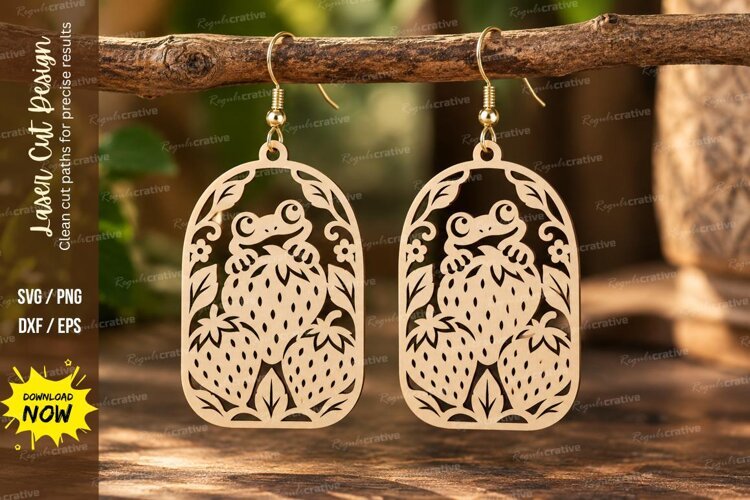 Frog Strawberry Arch Earrings Laser Cut SVG PNG Design, frog example image 1