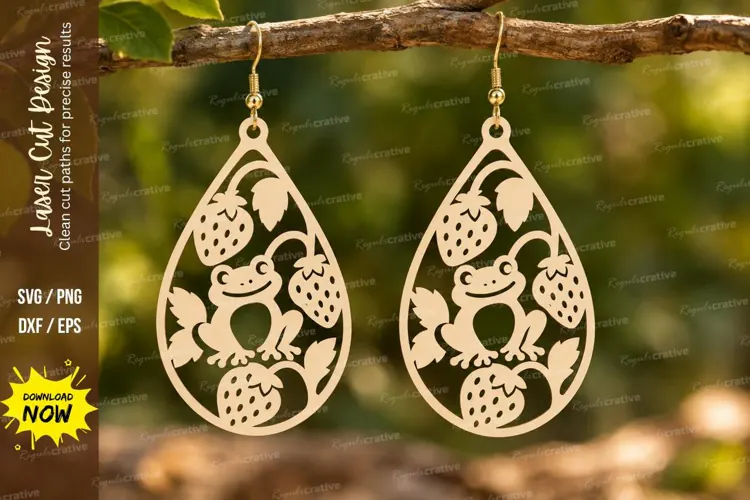 Teardrop Frog Strawberry Earrings Laser Cut SVG PNG Design