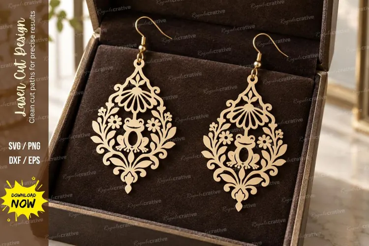 Ornate Floral Frog Earrings Laser Cut SVG PNG Design, ornate