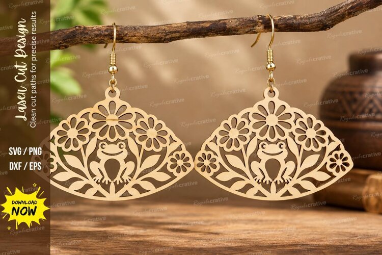 Fan Floral Frog Earrings Laser Cut SVG PNG Design, fan frog example image 1