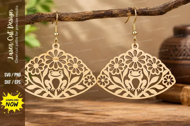 Fan Floral Frog Earrings Laser Cut SVG PNG Design, fan frog