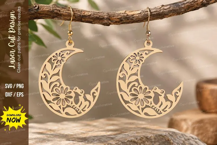 Crescent Floral Frog Earrings Laser Cut SVG PNG Design