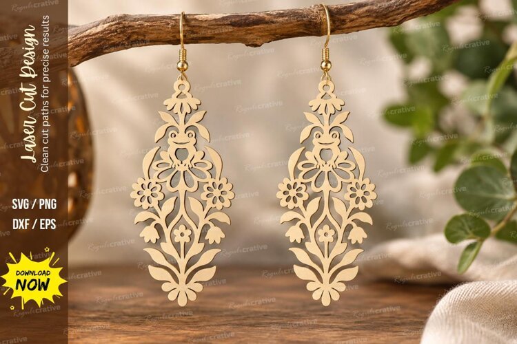 Vertical Floral Frog Earrings Laser Cut SVG PNG Design example image 1