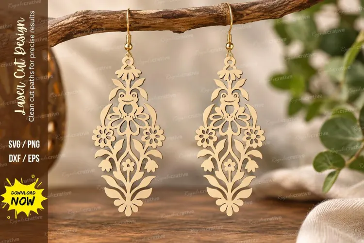 Vertical Floral Frog Earrings Laser Cut SVG PNG Design