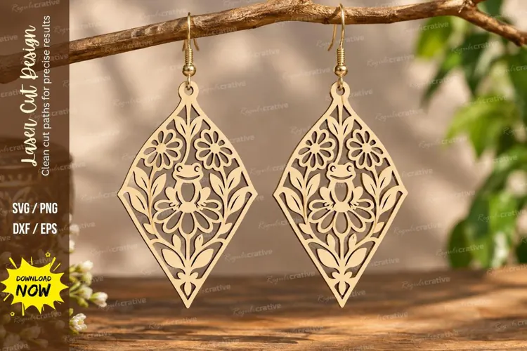 Diamond Floral Frog Earrings Laser Cut SVG PNG Design, diamo