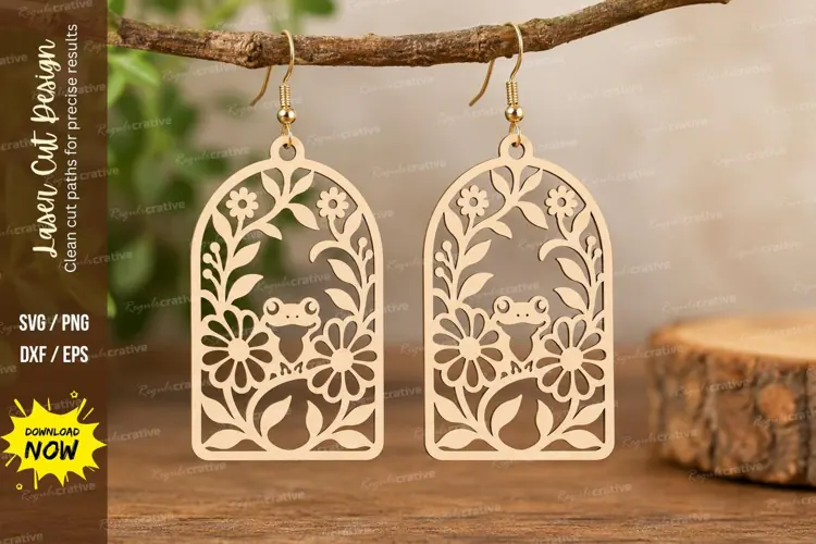 Frog Floral Arch Earrings Laser Cut SVG PNG Design, frog