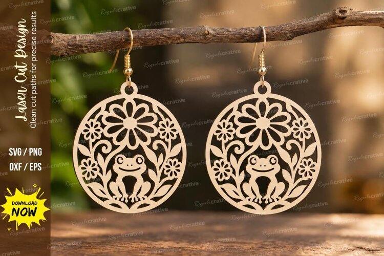 Round Daisy Frog Earrings Laser Cut SVG PNG Design, round example image 1