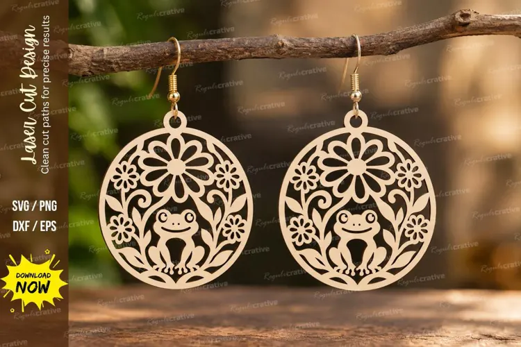 Round Daisy Frog Earrings Laser Cut SVG PNG Design, round