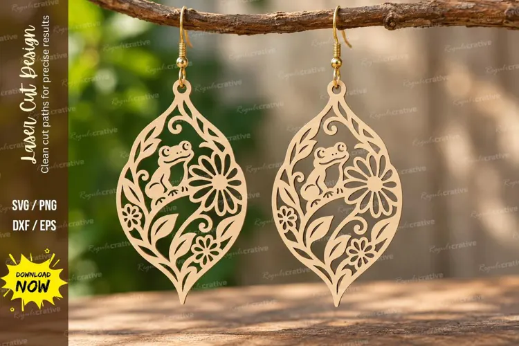 Teardrop Botanical Frog Earrings Laser Cut SVG PNG Design