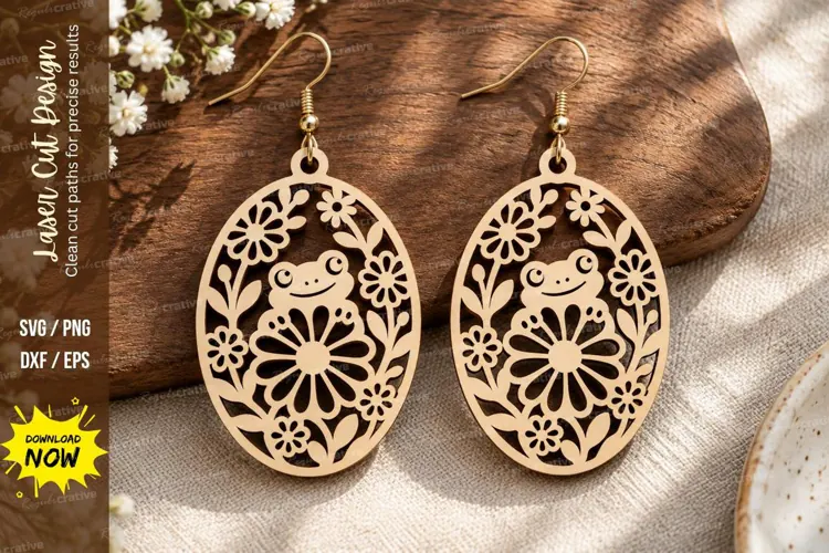 Oval Floral Frog Earrings Laser Cut SVG PNG Design