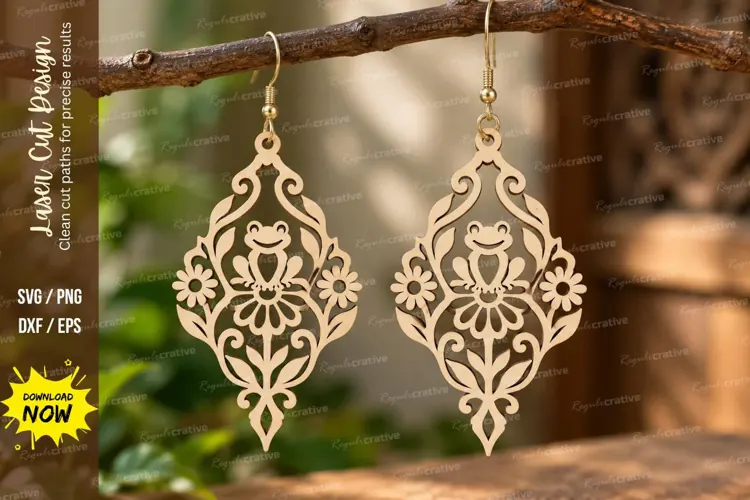 Filigree Floral Frog Earrings Laser Cut SVG PNG Design